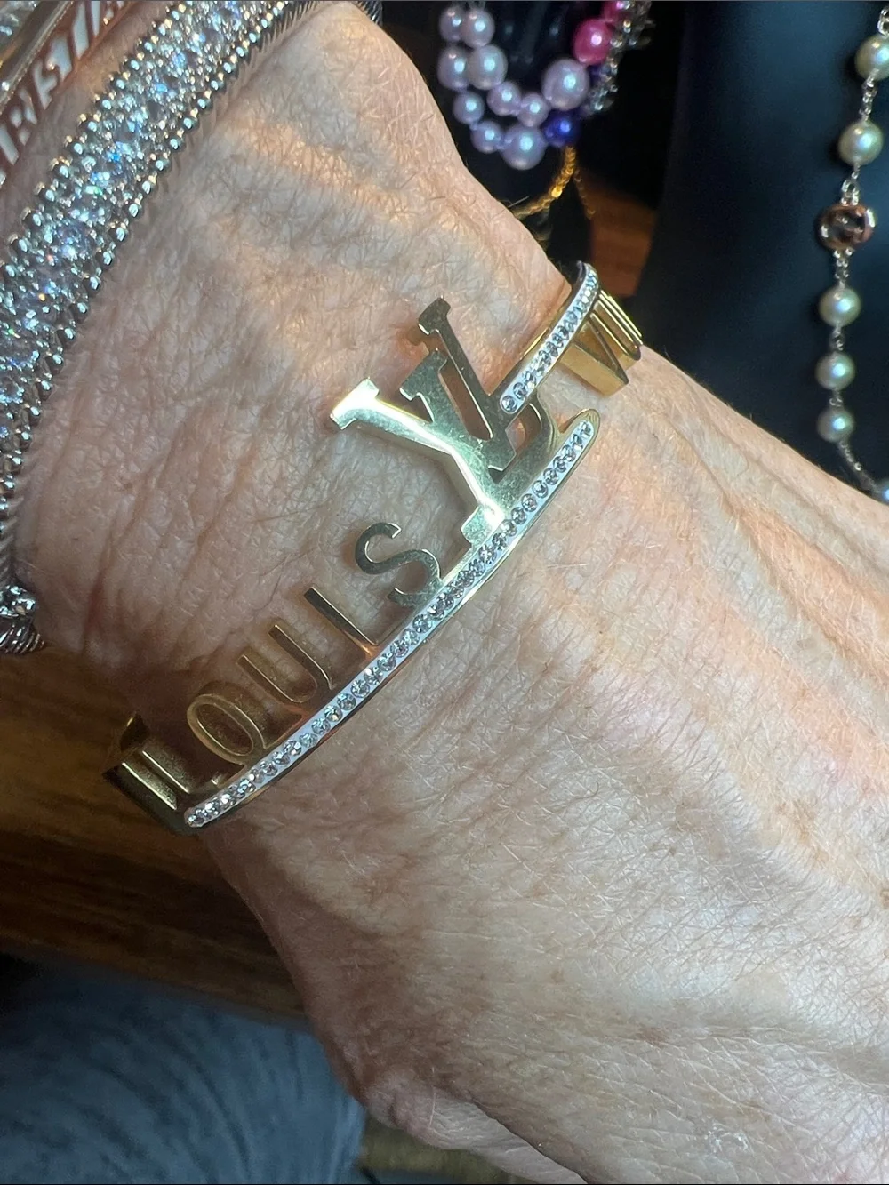 Gold-Tone Stainless Steel Letter Accent Hinged Cuff Bracelet - Women Jewelry